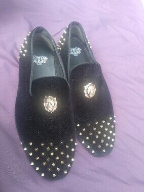 Royal Shoes Black Velvet Studded Slip-On Loafers with Gold Lion Crest